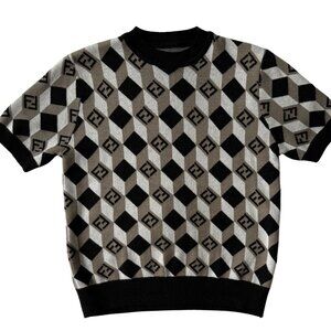 FF Geometric Cube Pattern Knit Top - Black/White/Brown - S/M